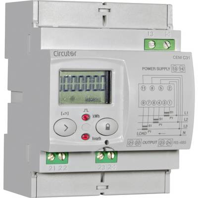'Compteur électrique avec affichage numérique et touches de commande sur boîtier gris. Affiche les valeurs de mesure en kWh et kVarh, diagramme avec schémas de câblage à droite.'