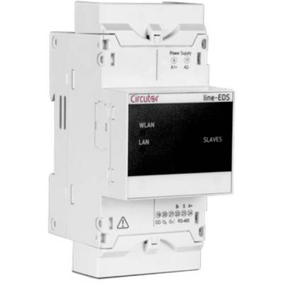 Un appareil blanc rectangulaire avec un écran et l'inscription 'line-EDS', montrant des connexions Wi-Fi et LAN. Dispositif électronique de commande.