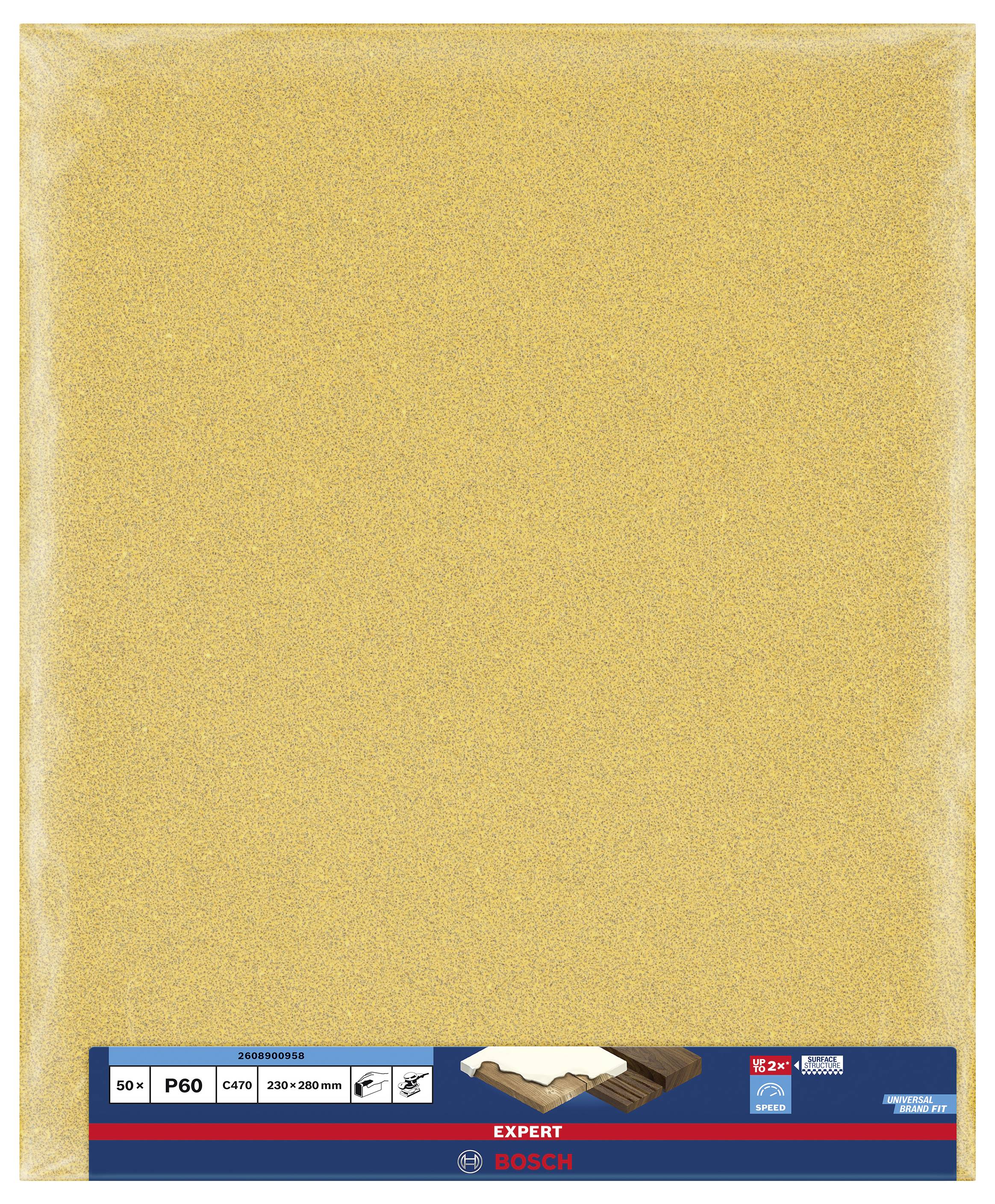 Papier de verre Bosch, grain P60, adapté aux travaux sur bois. L'emballage met en évidence l'application pour le ponçage du bois.