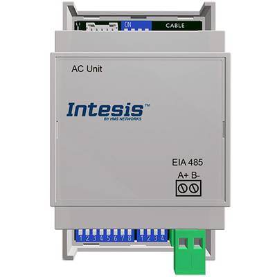 Un module gris portant l'inscription 'Intesis' et 'AC Unit', pour communication EIA 485 avec des connexions et un commutateur en haut et en bas.