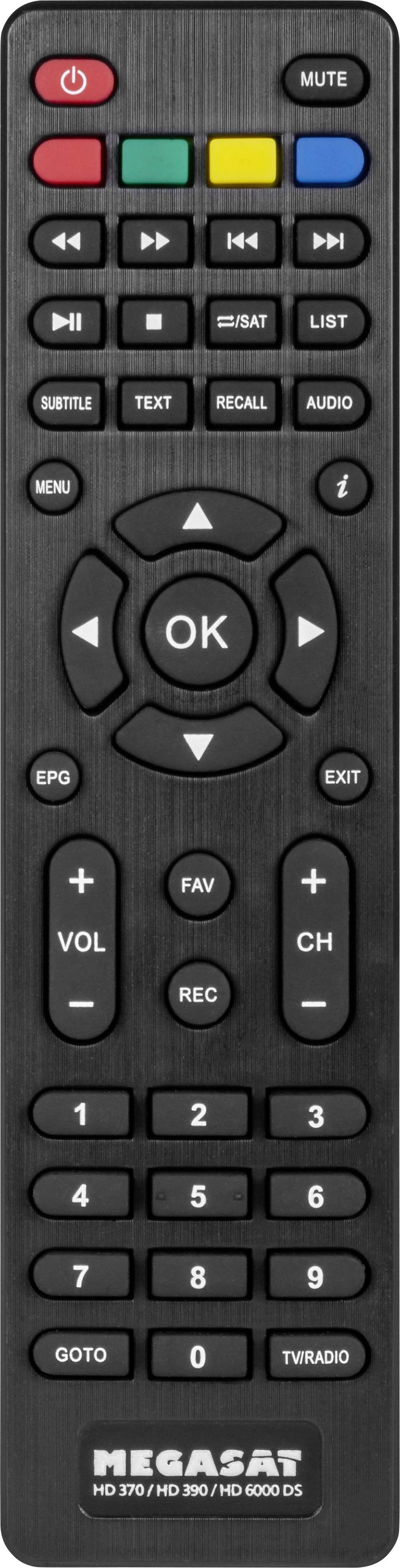 Télécommande noire avec des touches pour le volume, les chaînes, la navigation et des touches de fonction colorées en haut.