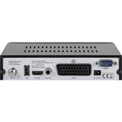 Vue arrière d'un récepteur numérique avec connexions : USB, HDMI, COAXIAL, SCART, RS-232 et fiche secteur. Modèle : Megasat HD 350.