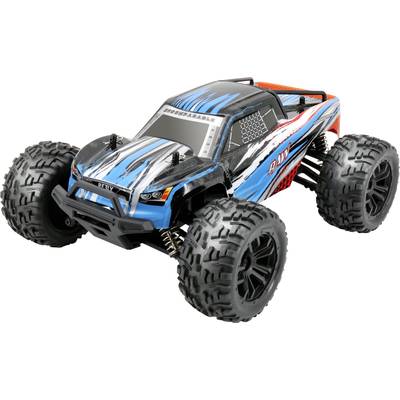 Une voiture télécommandée colorée avec de grandes roues tout-terrain et une carrosserie bleu-noir-blanc avec des accents orangés.