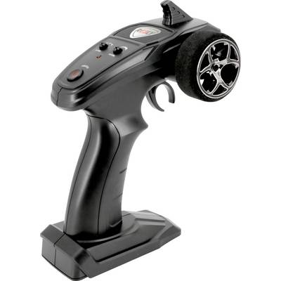 Télécommande pour une voiture télécommandée avec un volant et plusieurs boutons sur la partie supérieure pour contrôler différentes fonctions.