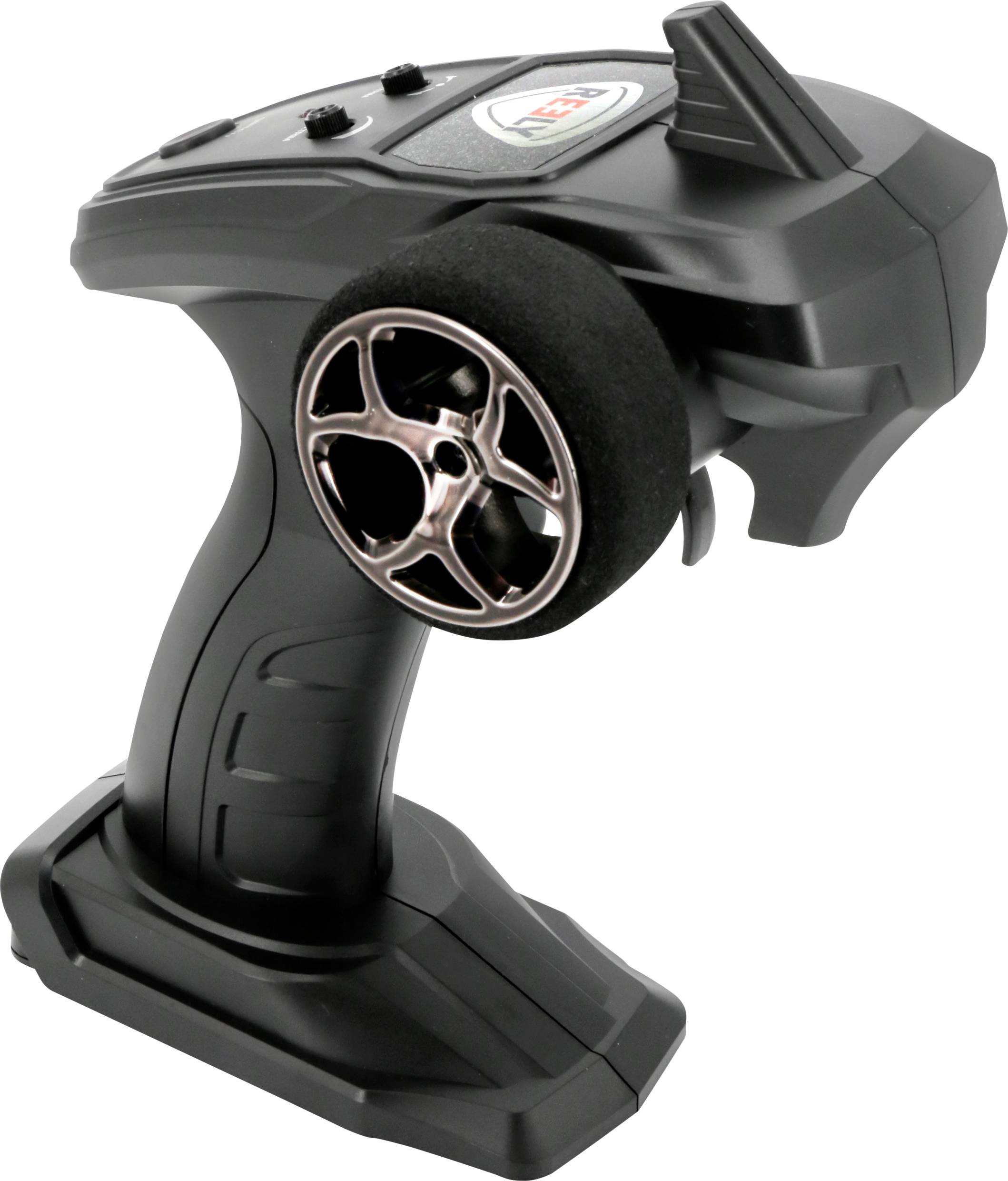 Télécommande pour voitures RC, noire avec volant et boutons. Design standard pour un contrôle précis des véhicules miniatures.