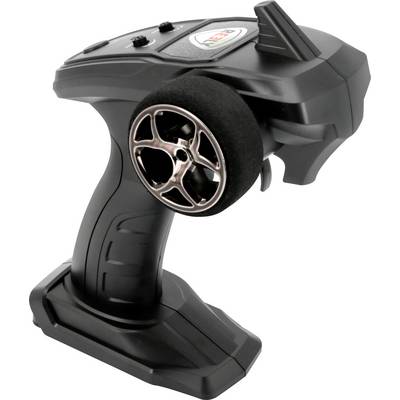 Télécommande pour voitures RC, noire avec volant et boutons. Design standard pour un contrôle précis des véhicules miniatures.
