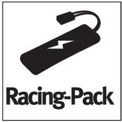 Icône noire représentant une batterie stylisée avec un symbole de foudre au-dessus, portant l'inscription « Racing-Pack ».