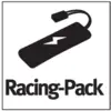 Icône noire représentant une batterie stylisée avec un symbole de foudre au-dessus, portant l'inscription « Racing-Pack ».