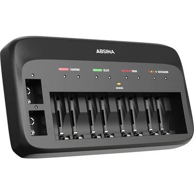 Un chargeur avec huit emplacements pour batteries. Il dispose de voyants LED pour 'Charge', 'Prêt', 'Erreur' et 'Batterie défectueuse'.
