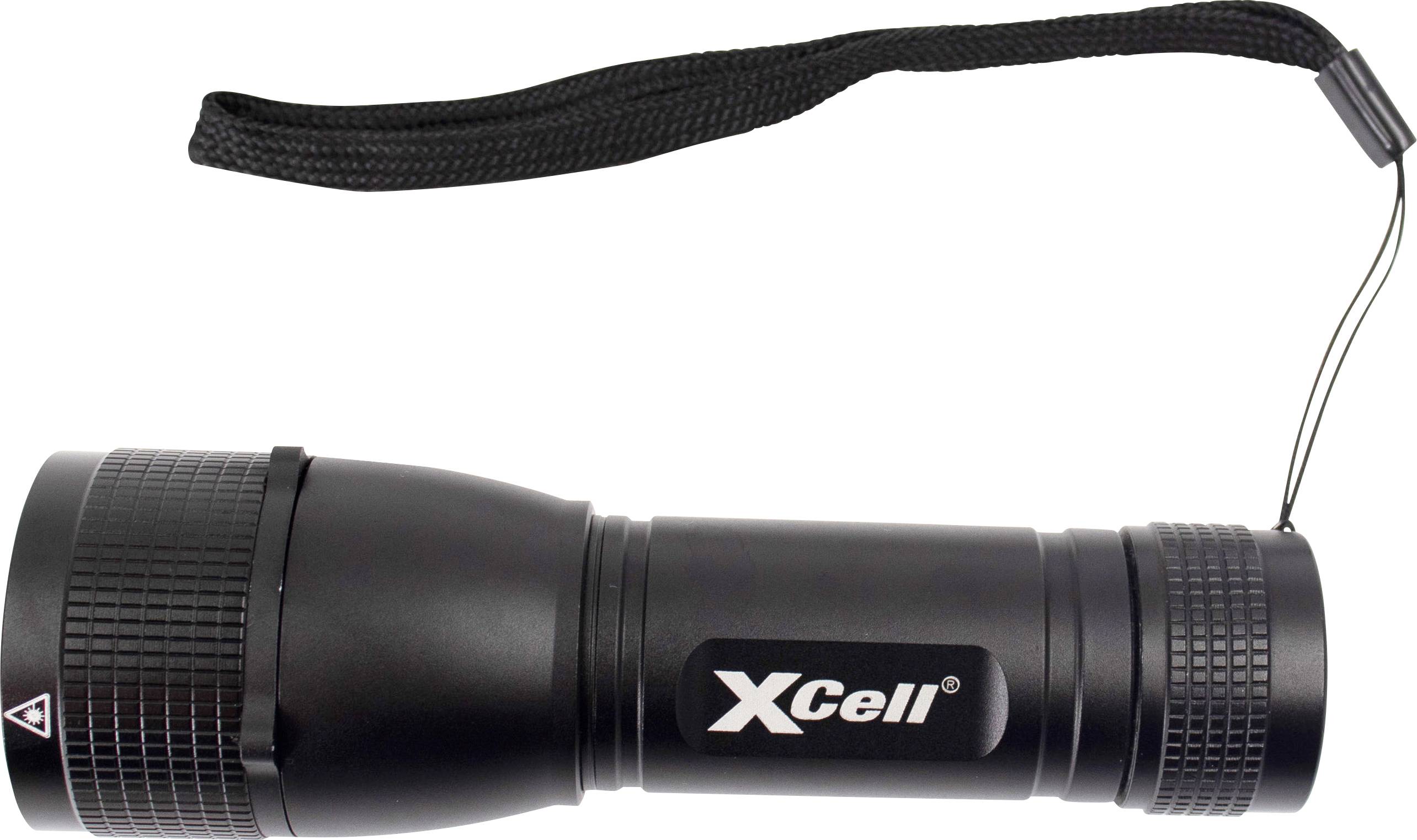 Lampe de poche noire avec lanière de transport et logo 'XCell' sur le côté, de forme cylindrique, adaptée à l'éclairage mobile.
