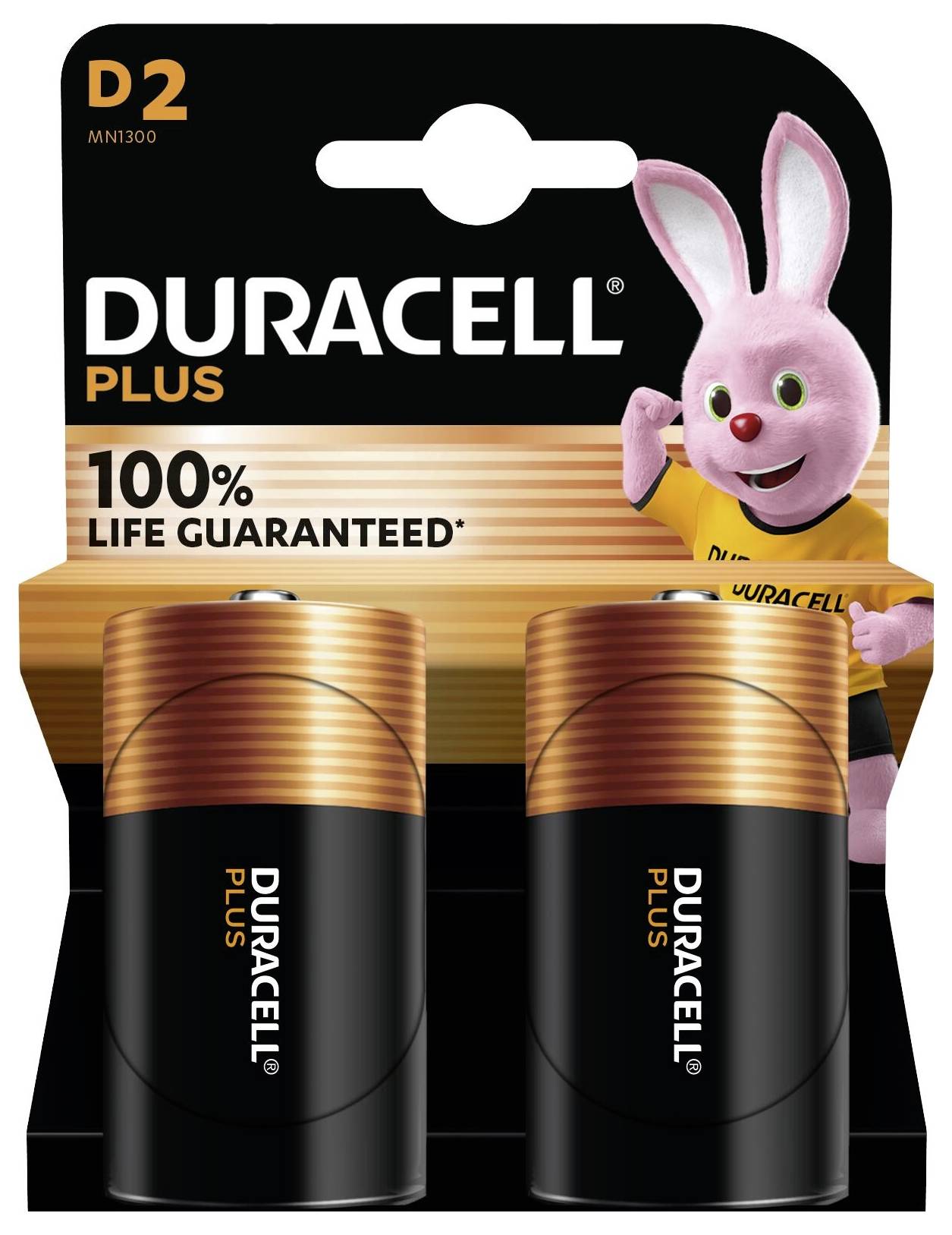 Emballage des piles D2 'Duracell Plus' avec le lapin Duracell. Le texte indique '100% de la vie garantie'.