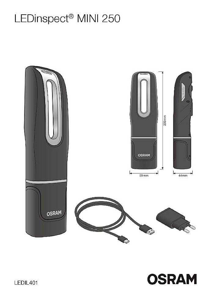 Lampe portable 'LEDinspect MINI 250' d'OSRAM, représentée sous différents angles. Comprend les dimensions, le câble USB et l'adaptateur.