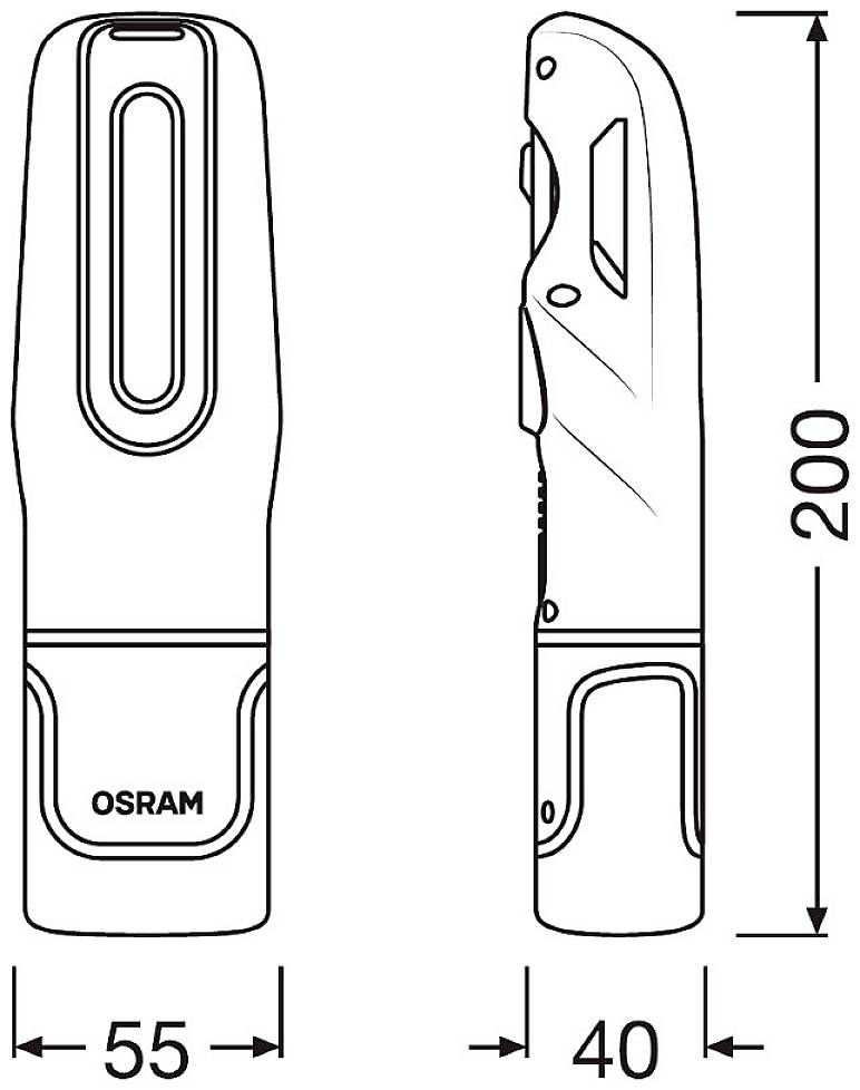 Dessin d'une lampe de poche Osram. Dimensions : 200 mm de hauteur, 55 mm de largeur, 40 mm de profondeur. Vue latérale et frontale représentées.