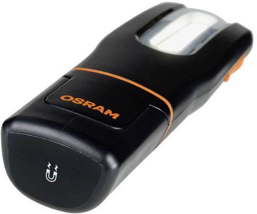 Lampe de poche noire de la marque Osram avec base magnétique et bouton orange, lumière LED visible sur le dessus.