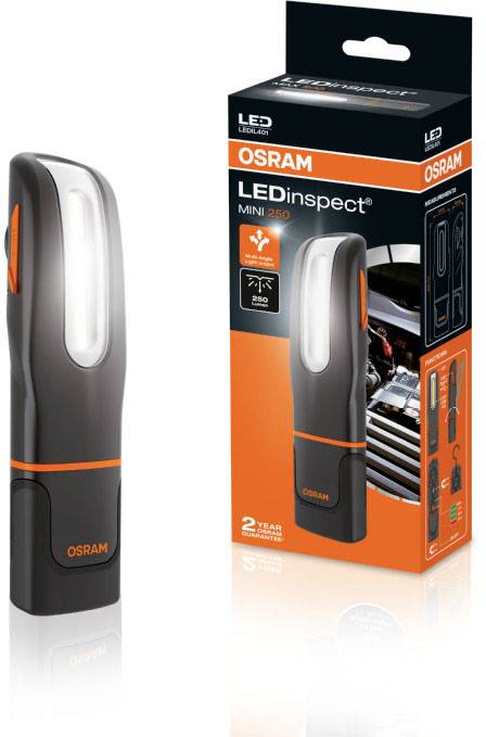Lampe de poche OSRAM LEDinspect MINI 250 et son emballage. Design compact, adapté aux inspections automobiles. 250 lumens, garantie de 2 ans.
