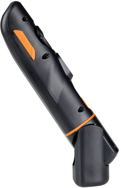 Outil noir, élancé, avec des accents orange et un design ergonomique, probablement destiné à un usage industriel.