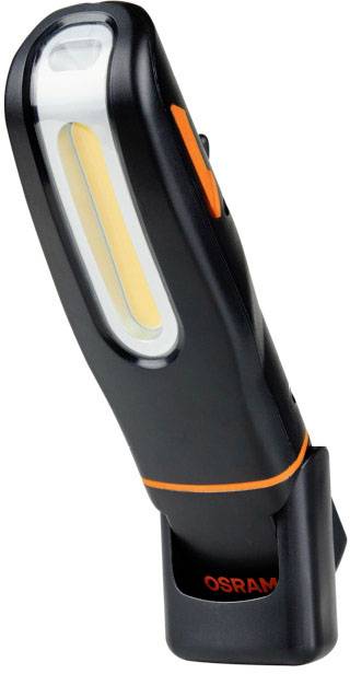 Une lampe de poche LED noire sur un support, avec une bande orange et l'inscription 'OSRAM' sur le support.
