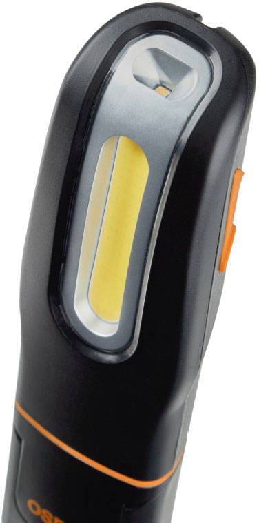 Lampe de poche en noir avec des détails orange, orientée verticalement.