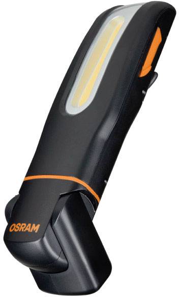 Lampe LED noire avec des accents orange et l'inscription 'OSRAM', adaptée aux accessoires automobiles, présentant une forme compacte et moderne.