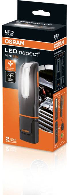 Lampe de poche 'OSRAM LEDinspect MINI 250' dans son emballage. Comprend une photo d'utilisation et les détails du produit sur la boîte.