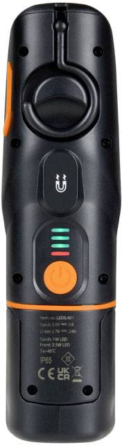 Appareil noir compact avec des accents orange et un affichage LED. Il dispose d'un bouton marche/arrêt et présente des spécifications techniques imprimées.