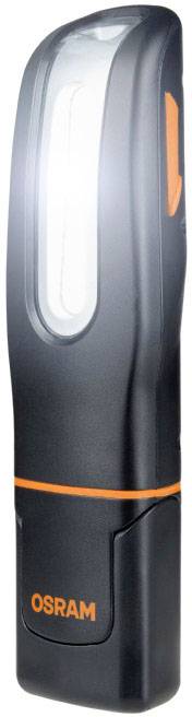 Lampe de poche noire Osram avec des détails oranges, debout, illuminée, adaptée à l'éclairage mobile.