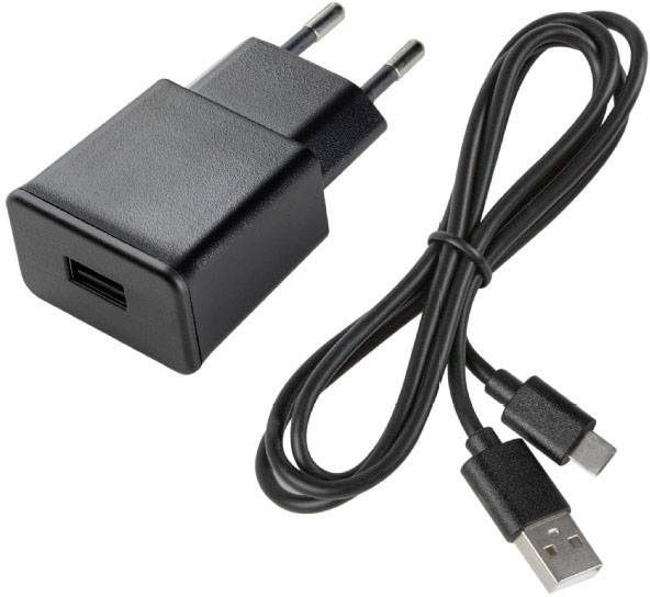 Adaptateur de charge USB noir avec câble micro-USB sur fond blanc, adapté pour charger des appareils électroniques.
