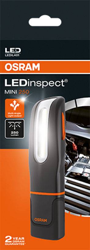 Emballage d'un projecteur de travail OSRAM LEDinspect Mini 250, montrant la lampe devant une voiture. Texte : 'LEDinspect', 'Mini 250', '250 Lumens', 'Garantie 2 ans'.