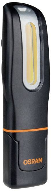 Lampe de poche noire avec logo OSRAM orange, bande lumineuse verticale et forme compacte. Idéale pour un éclairage portable.
