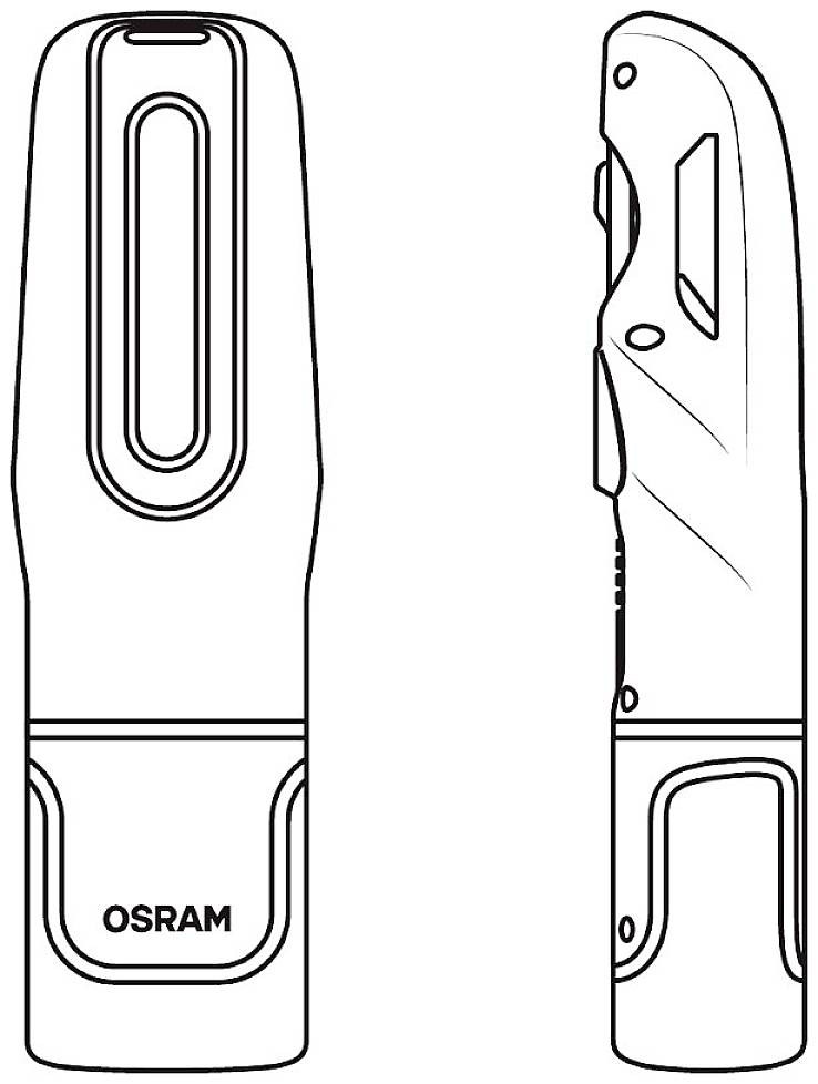 Dessin d'une lampe de poche portable OSRAM, présentant les vues de face et de profil. Les détails mettent en valeur le design élancé et ergonomique.