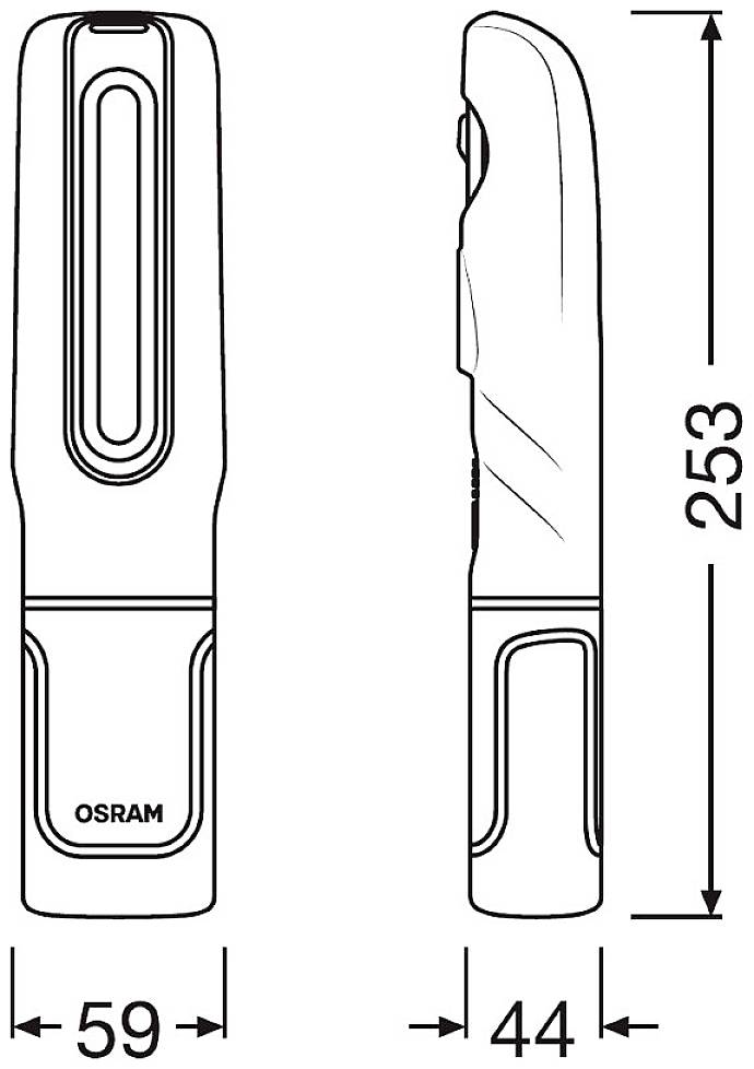 Esquisse d'une lampe de poche avec les dimensions : Largeur 59 mm, Profondeur 44 mm, Hauteur 253 mm. Marquée 'OSRAM'. Vue latérale et frontale.