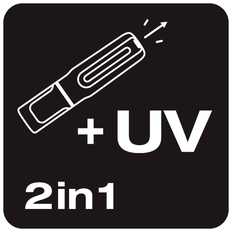 Graphique en noir et blanc représentant un stylo, avec le texte "+UV" et "2en1" suggérant des fonctionnalités intégrées.