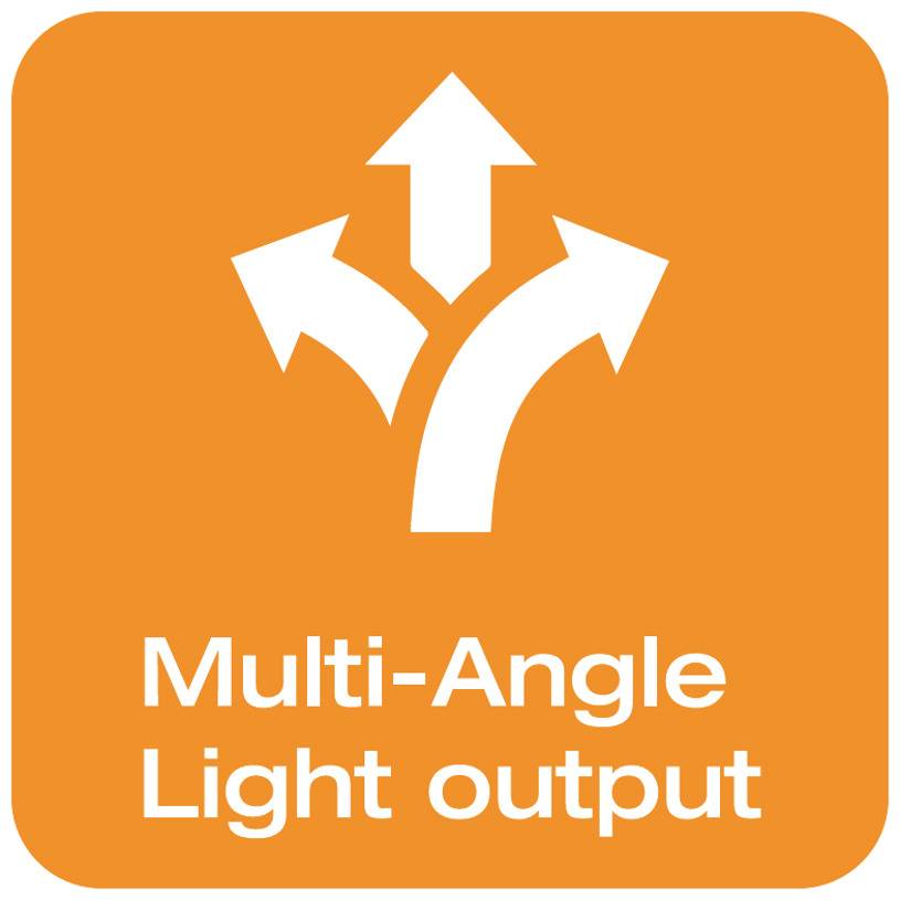 Un symbole orange avec trois flèches pointant vers l'extérieur et le texte « Multi-Angle Light output »
