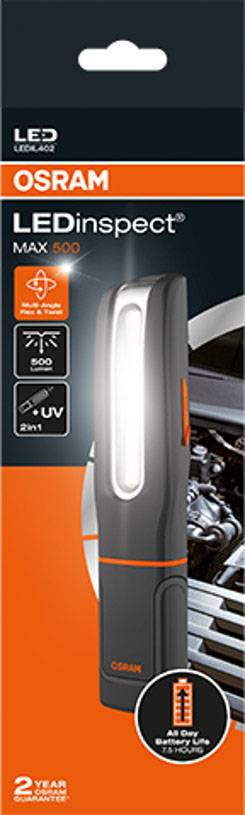 Emballage de lampe de poche LED. Marque 'OSRAM', Modèle 'LEDinspect MAX 500'. Contient de la lumière UV et est un modèle 2-en-1. Garantie de 2 ans.