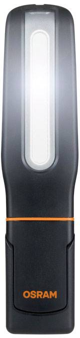 Une lampe portable OSRAM LED noire avec un champ lumineux étroit et allongé au centre et le logo OSRAM en bas.