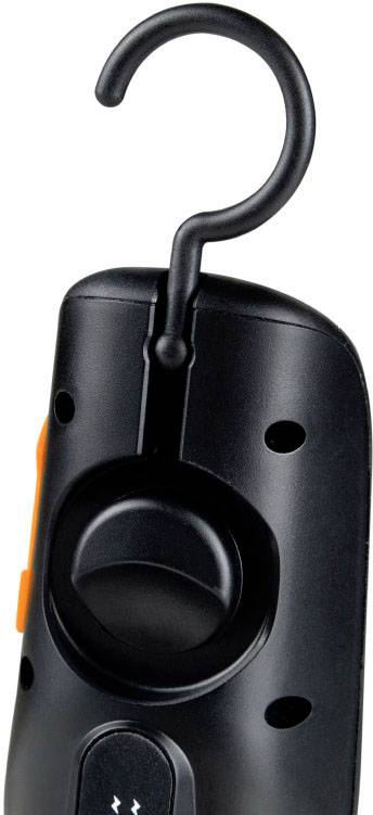 Crochet de suspension portable noir et orange, adapté pour suspendre des appareils ou des outils.