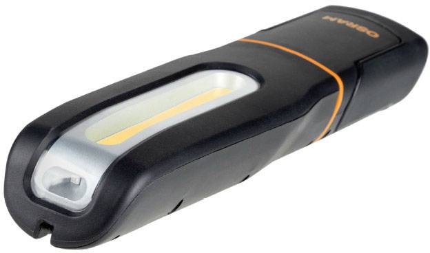 Lampe de poche avec boîtier noir et accent orange.