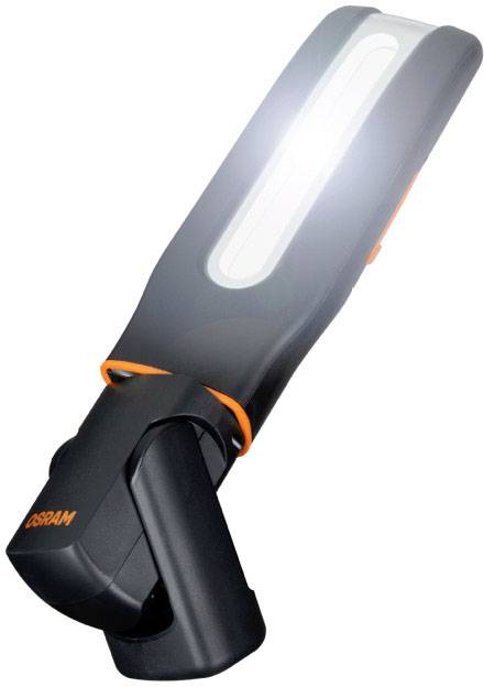 Lampe d'atelier avec faisceau lumineux LED puissant et boîtier flexible noir. Nom de marque 'OSRAM' en orange sur le côté.