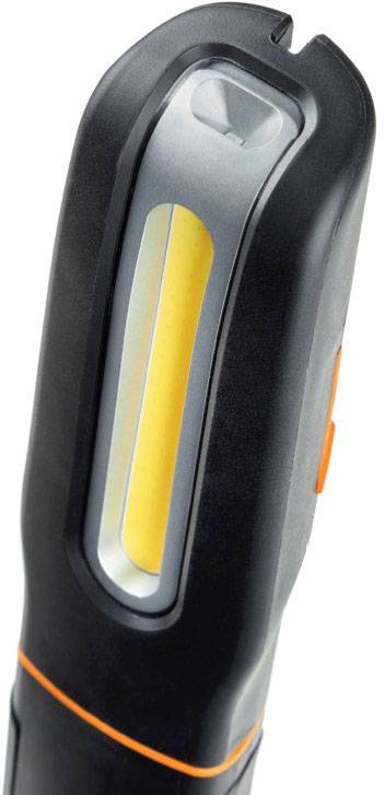 Lampe de poche LED portable en noir avec des détails orange et un bouton marche/arrêt sur le côté.