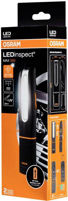Emballage d'une lampe de travail LED Osram portant l'inscription 'LEDinspect MAX 500', présentant des images du produit, ses fonctionnalités et ses caractéristiques techniques.