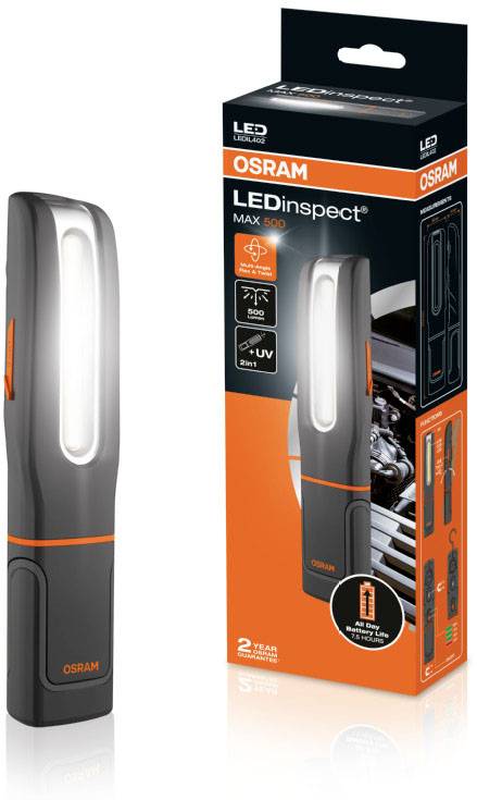 Lampe torche LED 'OSRAM LEDinspect MAX 500' à côté de son emballage. Comprend une barre lumineuse, lumière UV, fonction 2-en-1. Adaptée pour une utilisation en atelier.