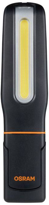 Illustration d'une lampe de poche noire avec un faisceau lumineux jaune et le logo orange 'OSRAM' sur la face avant.