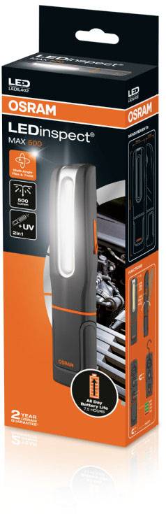 Un paquet de 'OSRAM LEDinspect MAX 500'. Présente une lampe de travail LED portable, idéale pour les réparations de véhicules.