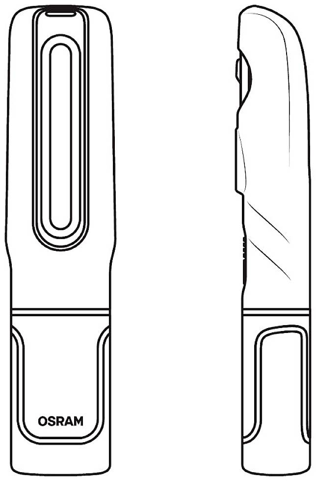 Dessin d'une lampe de poche OSRAM rectangulaire sous deux perspectives : vue de face et vue de profil.