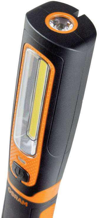 Lampe de poche à LED noire et orange avec logo OSRAM, boîtier fin et interrupteur à l'avant.