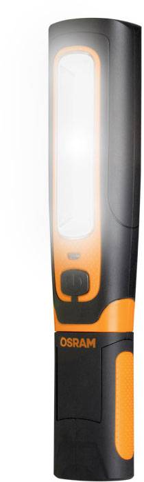 Lampe de travail LED portable fine, noire et orange avec logo OSRAM. Idéale pour les ateliers et l'usage domestique.