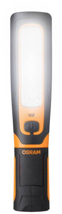 Une lampe de poche OSRAM noire et orange avec une grande surface lumineuse rectangulaire orientée vers le haut.