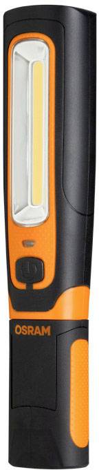 Une lampe de travail LED portable en noir et orange de OSRAM, adaptée aux ateliers et aux postes de travail avec un faisceau lumineux directionnel.