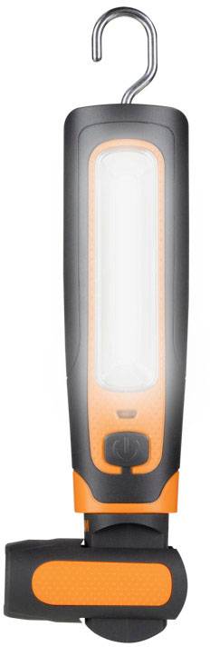 Une lampe de travail LED noir et orange avec un crochet, utilisable pour un travail sans les mains.