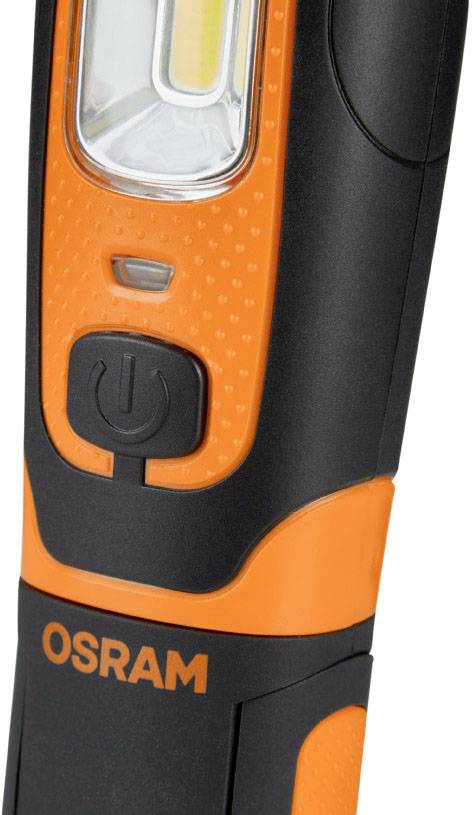 Lampe de poche LED noire et orange, marquage 'OSRAM', avec interrupteur marche-arrêt. Idéale pour les outils et les activités de plein air.
